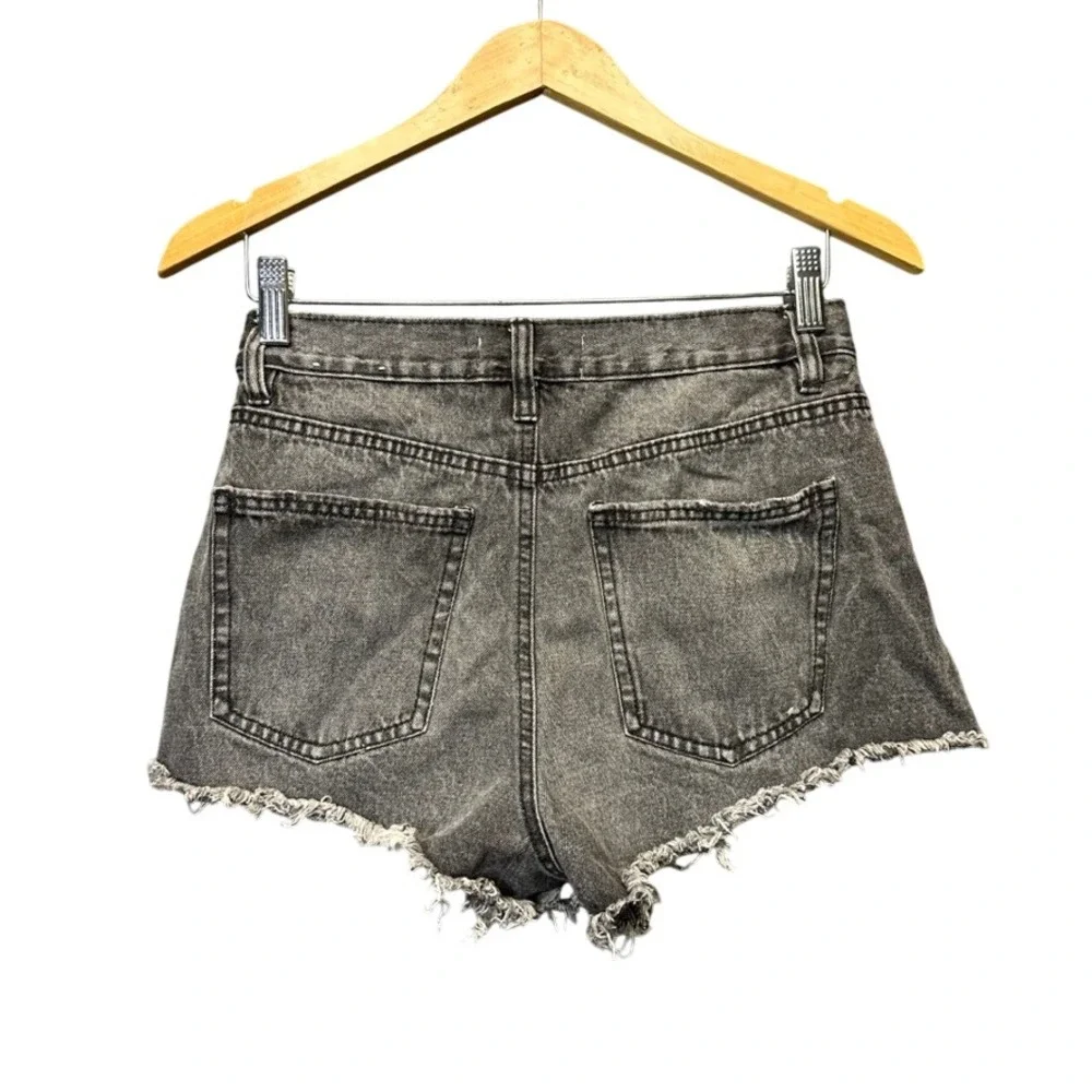 Ardene Classic High Rise Denim Shorts Washed Black Gray Frayed Hem Size 1